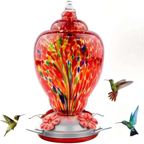 Hummingbird Feeder for Outdoors Patio Large 32 Ounces Colorful Hand Blown Glass - Picture 1 of 8